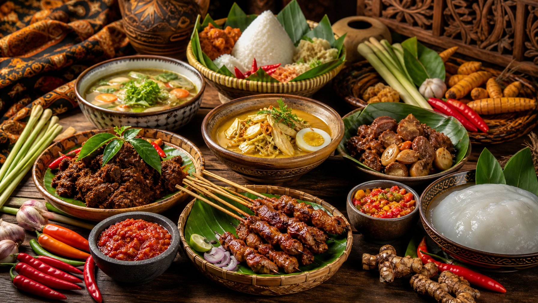 Berbagai hidangan tradisional khas Indonesia dari berbagai daerah disajikan di atas meja kayu dengan piring dan mangkuk tradisional, menampilkan warna dan tekstur makanan yang beragam.