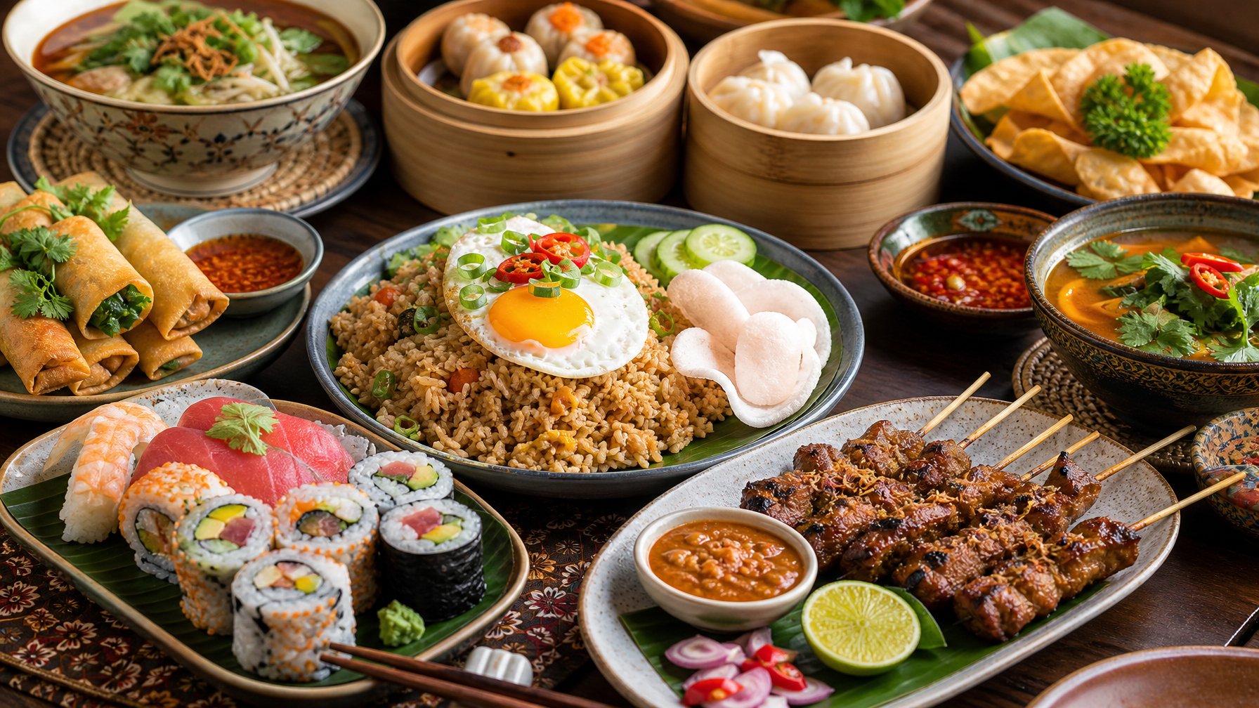 Berbagai hidangan Asia populer di Indonesia tersaji di atas meja kayu, termasuk sushi, dim sum, sate, nasi goreng, dan lumpia, dengan hiasan rempah segar.