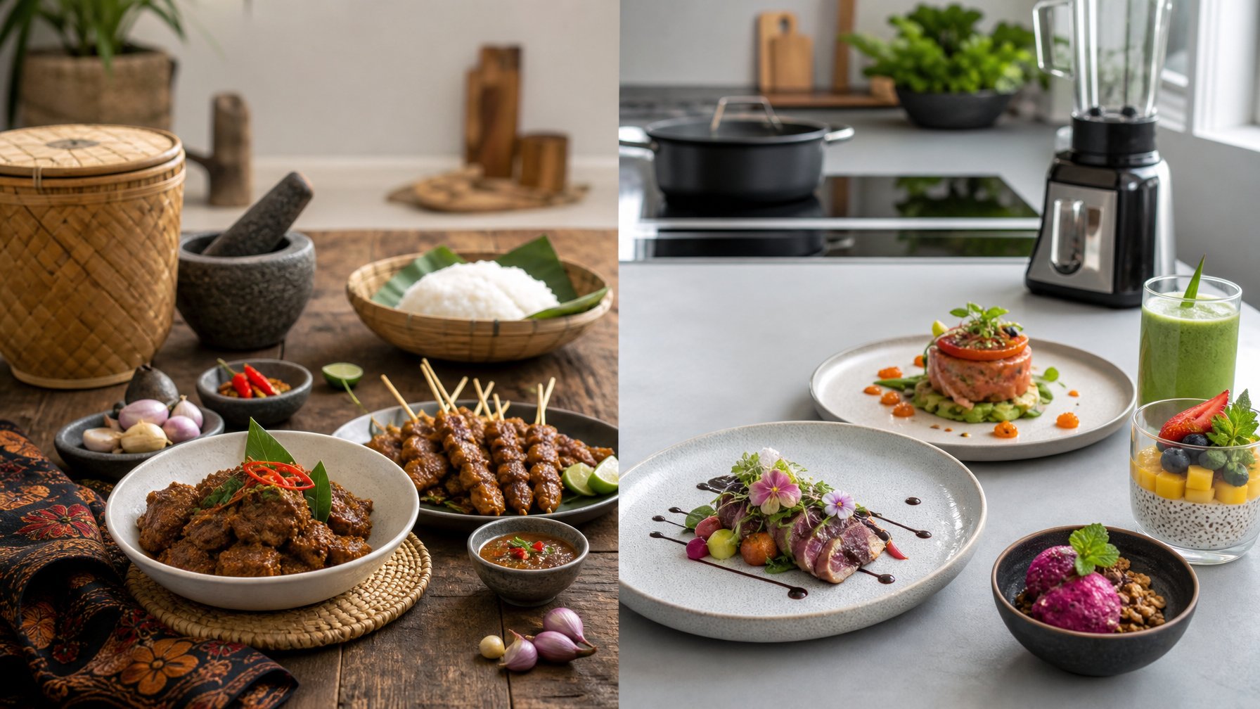 Dua sisi dapur yang menunjukkan perbedaan antara memasak tradisional dengan alat dan hidangan tradisional, dan memasak modern dengan peralatan dan hidangan kontemporer.