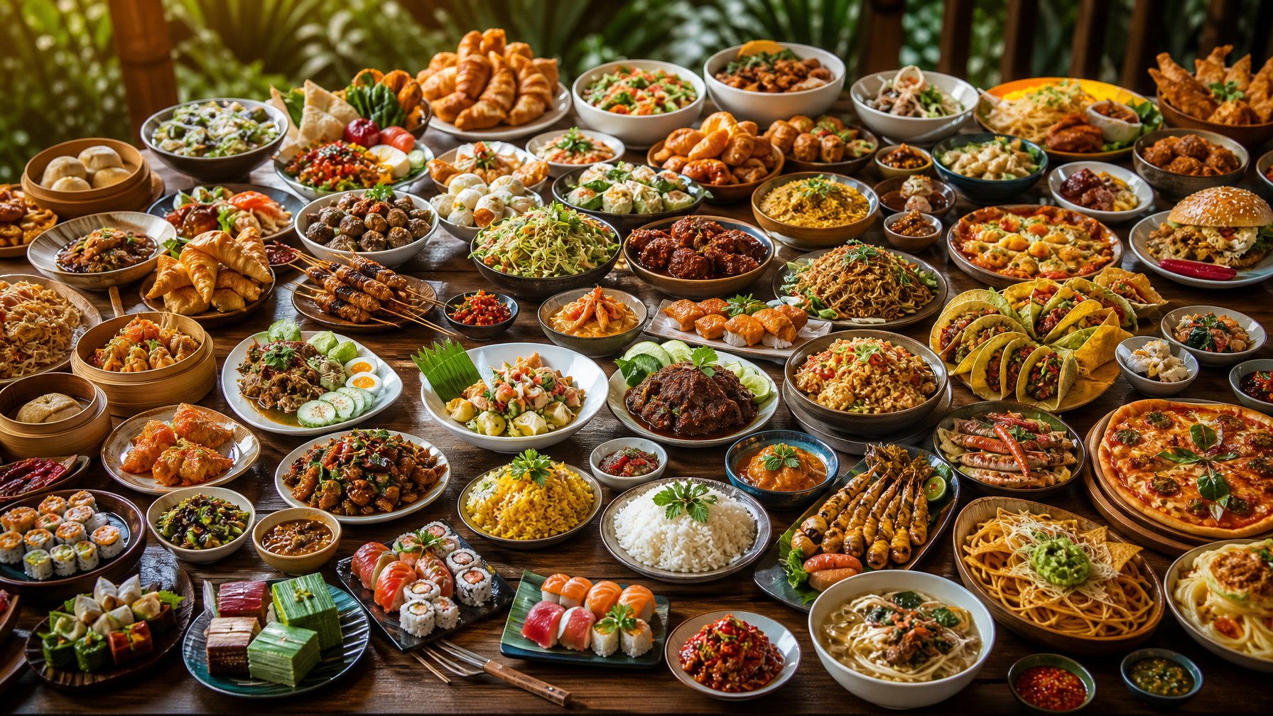 Meja besar penuh dengan berbagai jenis masakan Indonesia dan dunia yang berwarna-warni dan tersusun rapi, menampilkan beragam hidangan tradisional dan internasional.