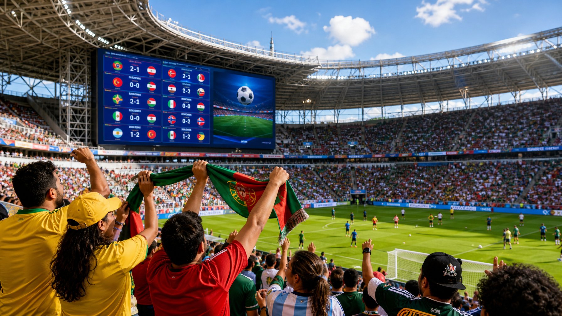 Suasana stadion sepak bola dengan papan skor digital, penggemar yang merayakan, dan pemain yang sedang pemanasan menjelang pertandingan Piala Dunia 2026.