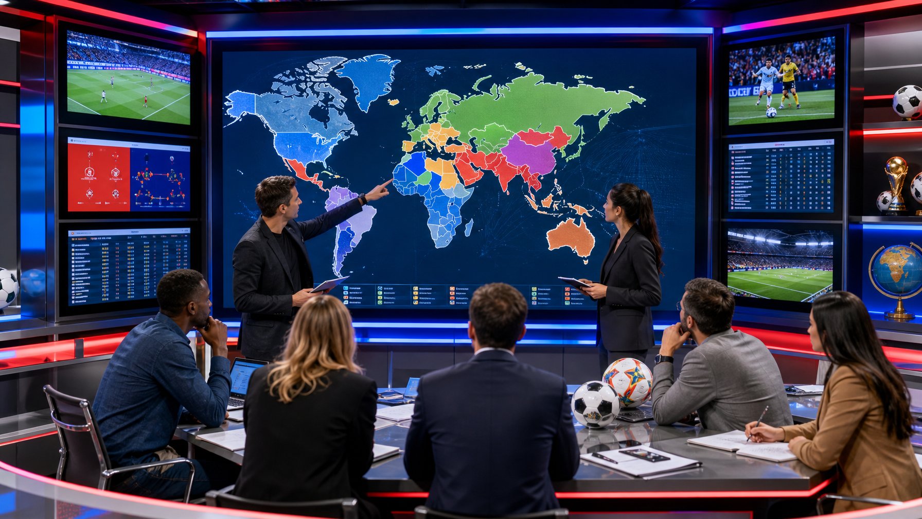 Suasana ruang berita olahraga dengan layar besar menampilkan peta dunia dan beberapa orang sedang berdiskusi tentang jadwal dan hasil pertandingan Piala Dunia 2026.