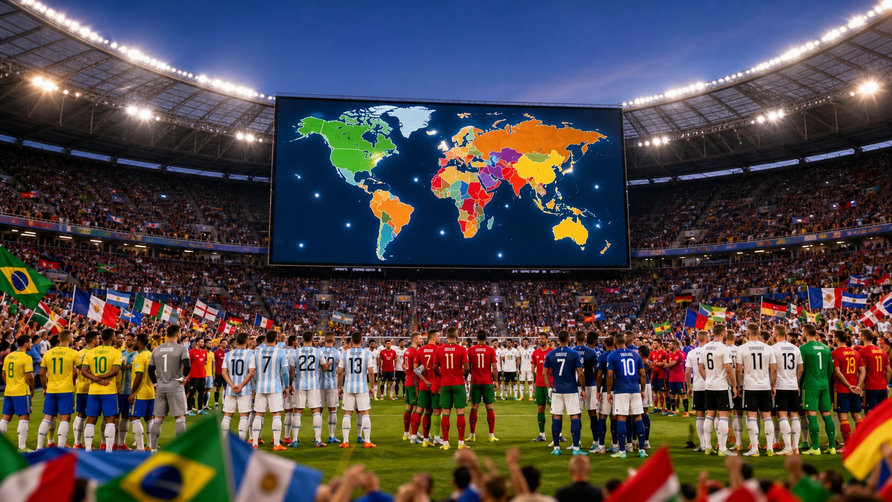 Stadion sepak bola dengan pemain dari berbagai negara dan peta dunia yang menunjukkan negara-negara yang lolos ke Piala Dunia 2026.