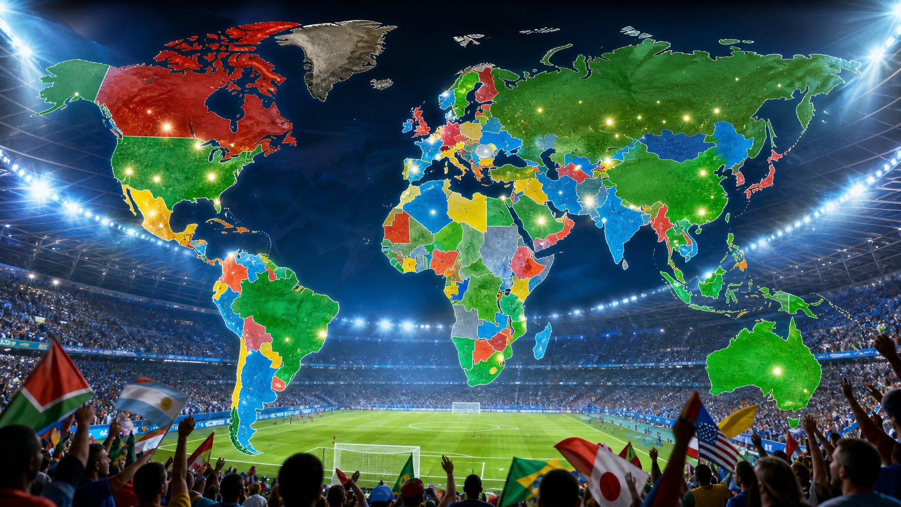 Peta dunia yang menyoroti negara-negara yang lolos ke Piala Dunia 2026 dengan latar belakang stadion sepak bola dan penonton yang bersorak.