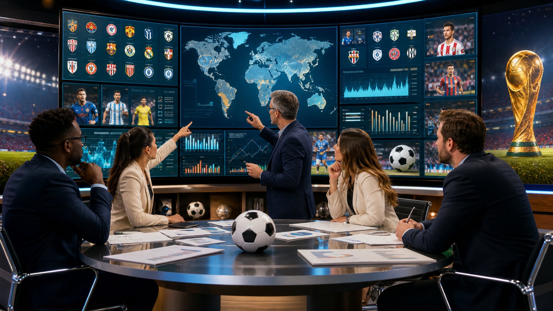 Sekelompok analis olahraga sedang berdiskusi di studio modern dengan layar besar yang menampilkan peta dunia, logo tim sepak bola, dan grafik statistik terkait Piala Dunia 2026.