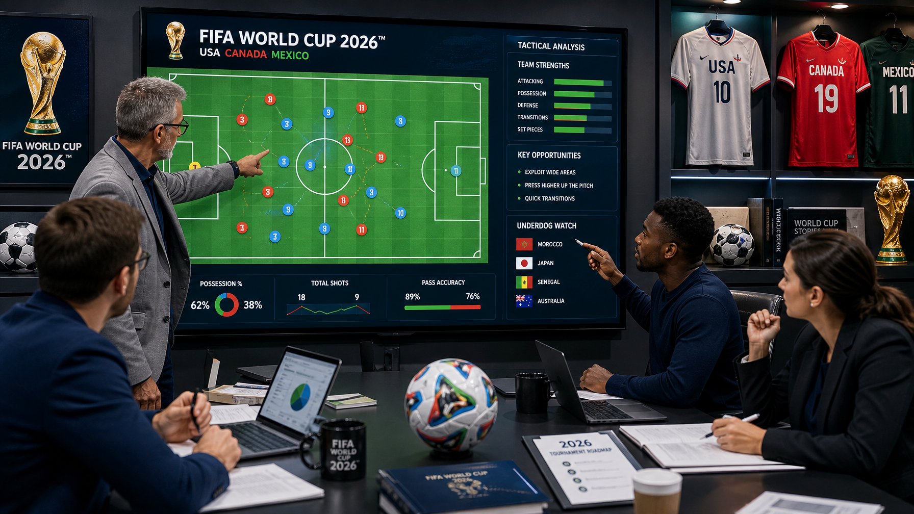 Sekelompok analis sepak bola berdiskusi di depan layar besar yang menampilkan formasi tim dan data strategi untuk Piala Dunia 2026.