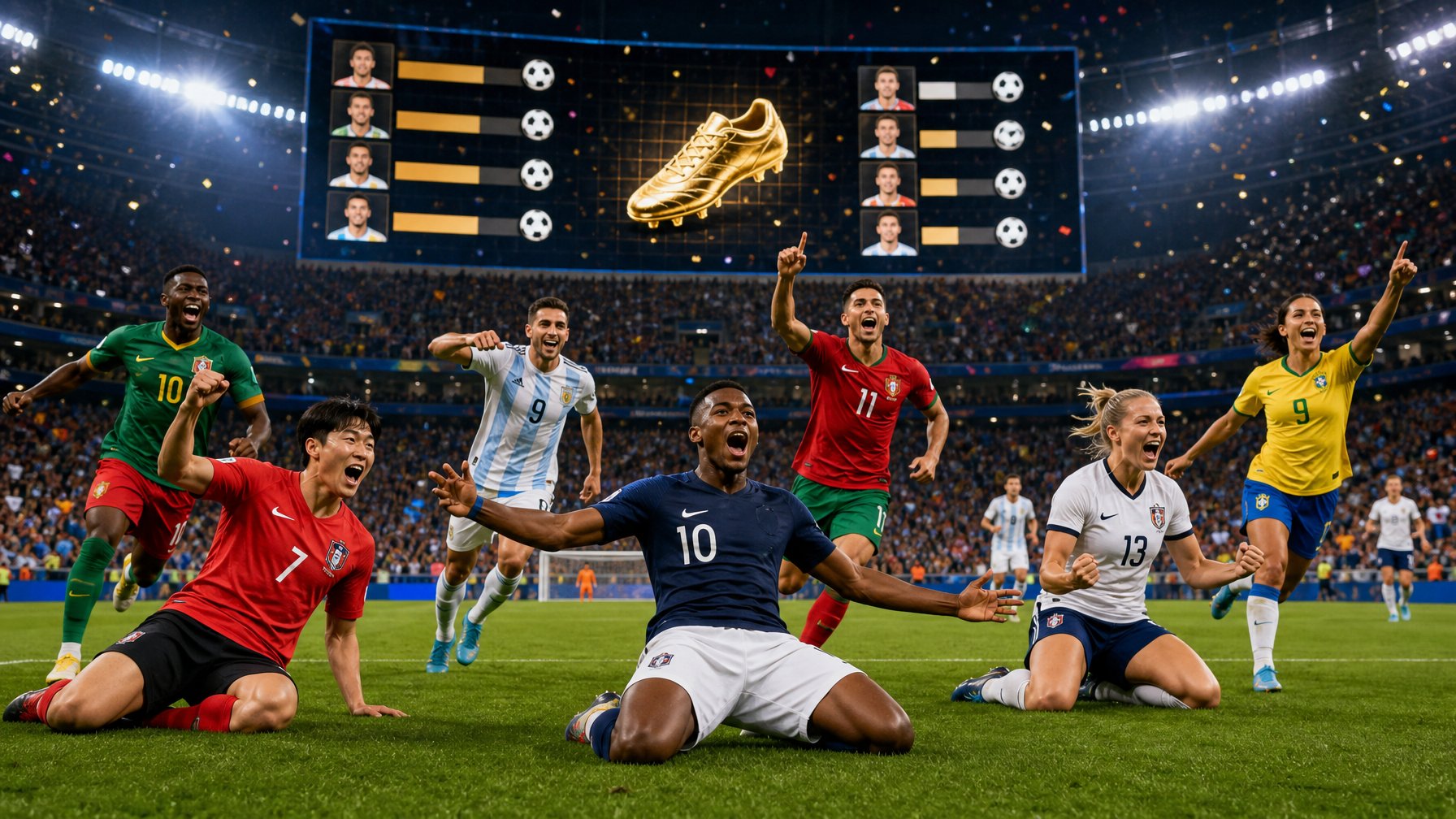 Para pemain sepak bola merayakan gol di stadion penuh penonton saat pertandingan Piala Dunia 2026 berlangsung.