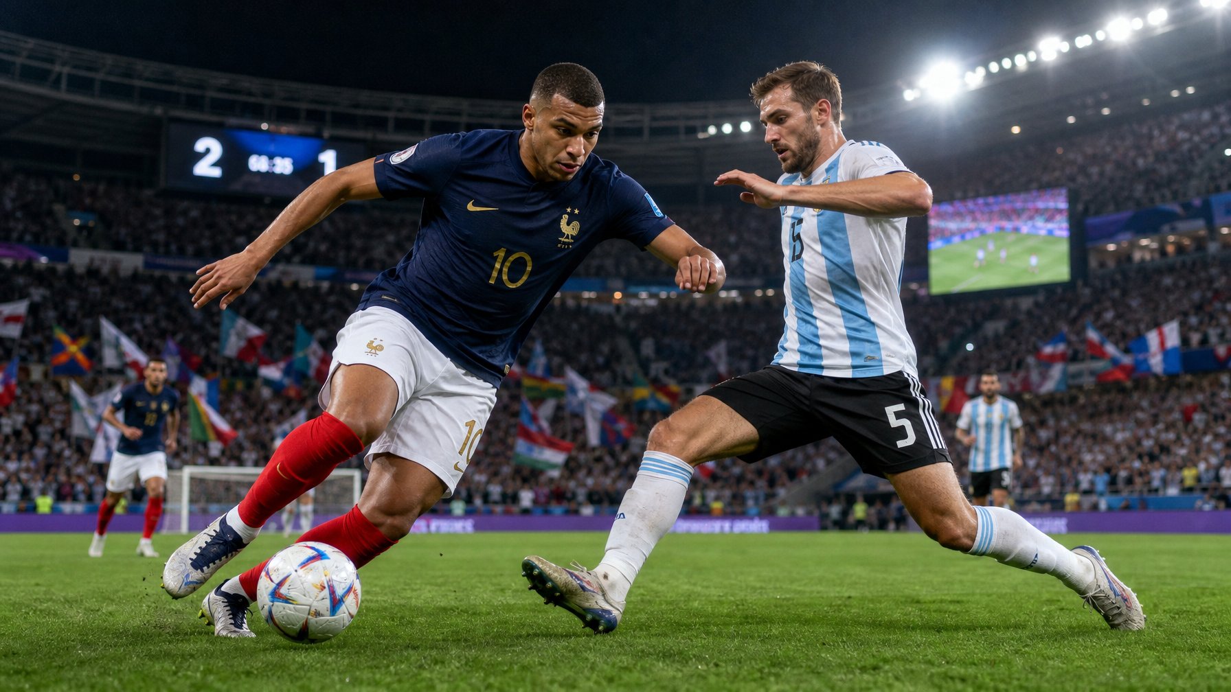 Dua pemain sepak bola sedang beraksi di stadion penuh penonton saat pertandingan malam Piala Dunia 2026.