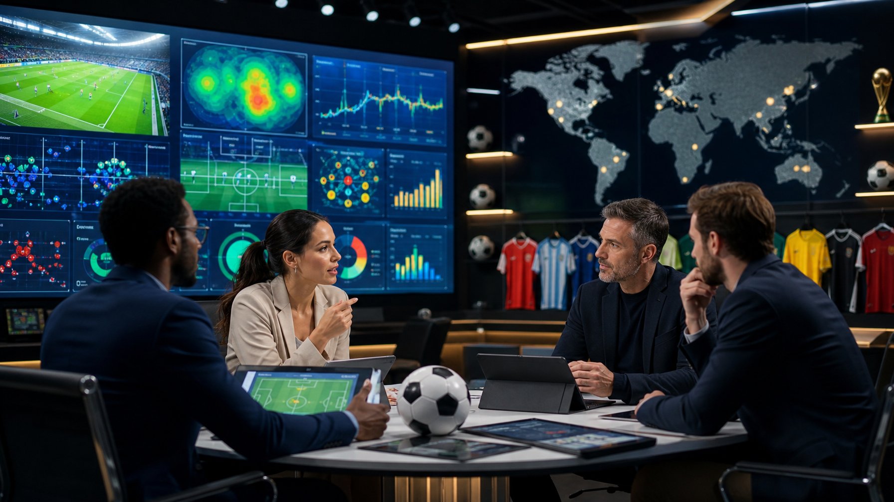 Sekelompok analis olahraga sedang berdiskusi di studio dengan layar besar menampilkan grafik dan statistik pertandingan sepak bola Piala Dunia.