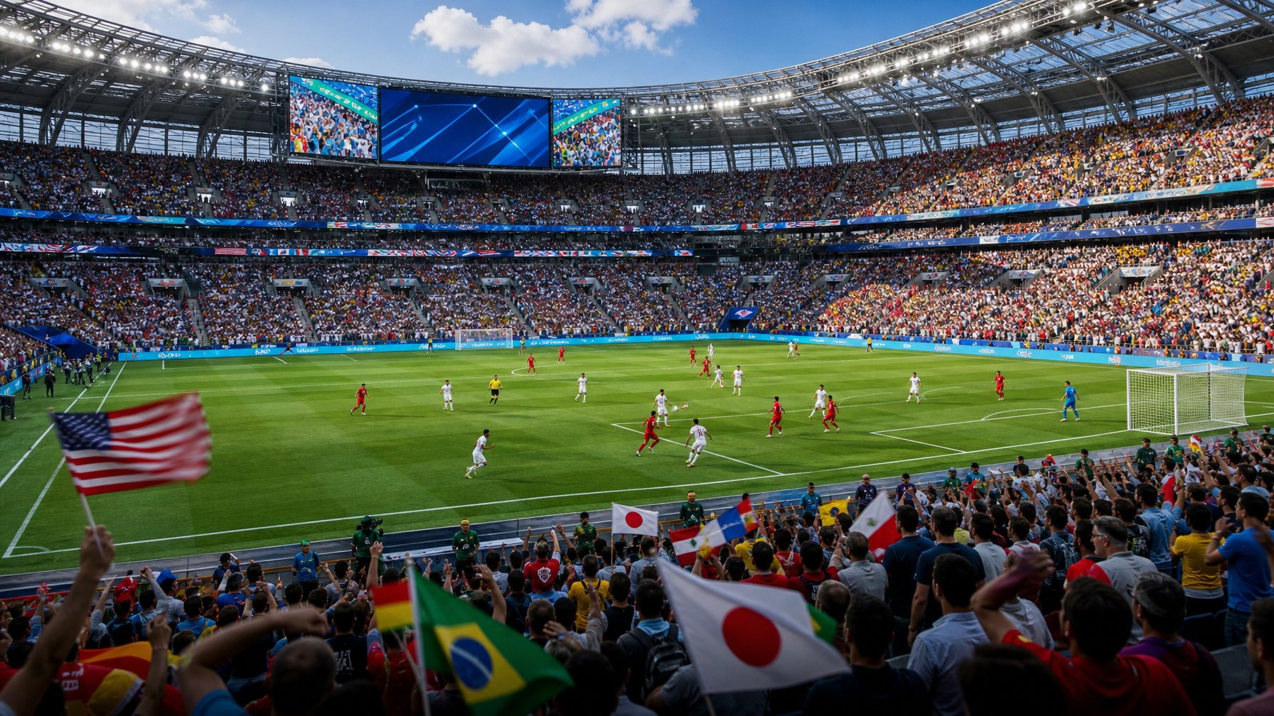 Stadion sepak bola modern dengan pemain dari berbagai tim yang sedang bertanding dan penonton mengibarkan bendera negara masing-masing.