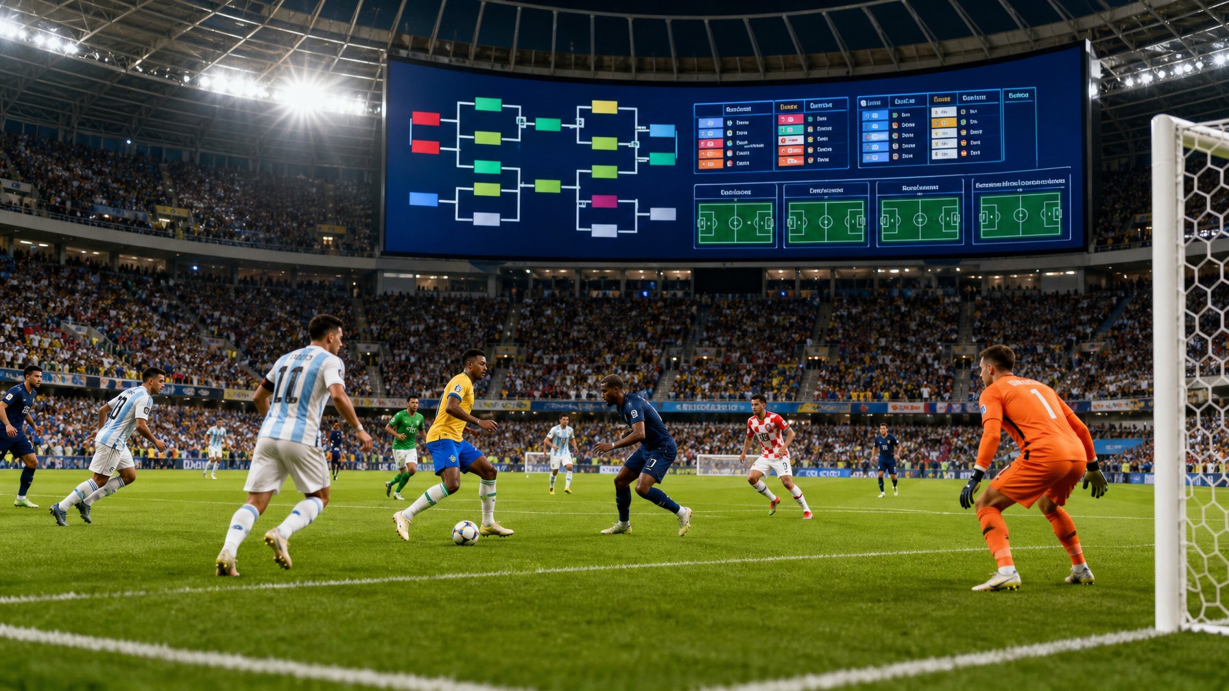 Suasana pertandingan sepak bola di stadion besar dengan banyak pemain dan penonton, menampilkan format baru turnamen Piala Dunia 2026 dengan 48 tim.
