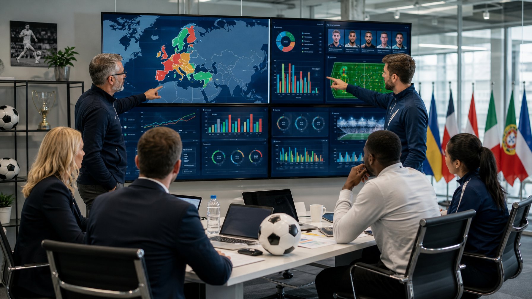 Sekelompok analis sepak bola sedang berdiskusi di kantor modern dengan layar besar menampilkan grafik dan peta yang menunjukkan performa tim-tim Eropa menjelang Piala Dunia 2026.
