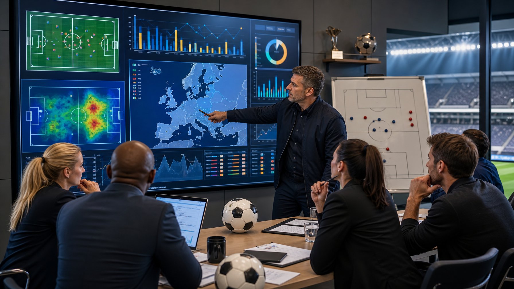 Sekelompok analis dan pelatih sepak bola sedang berdiskusi dan menganalisis data performa tim-tim Eropa di ruang kerja dengan layar digital besar yang menampilkan statistik dan peta.