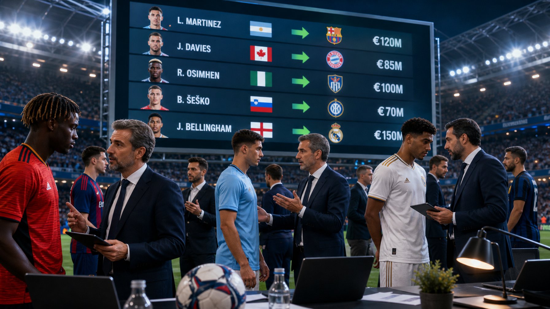 Para pemain sepak bola internasional sedang berdiskusi dengan agen dan manajer klub di depan papan transfer digital di stadion modern.