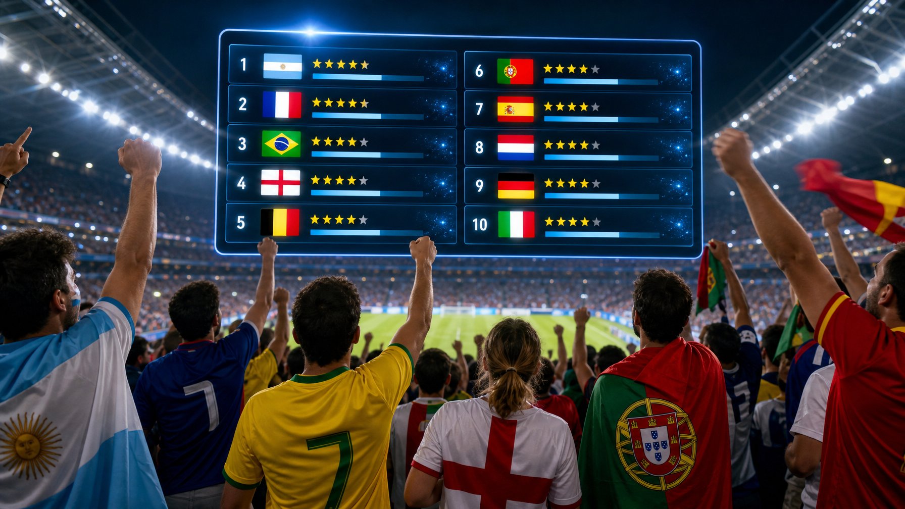 Suasana stadion sepak bola dengan papan peringkat digital menampilkan tim nasional terbaik dunia dan para penggemar yang merayakan kemenangan.