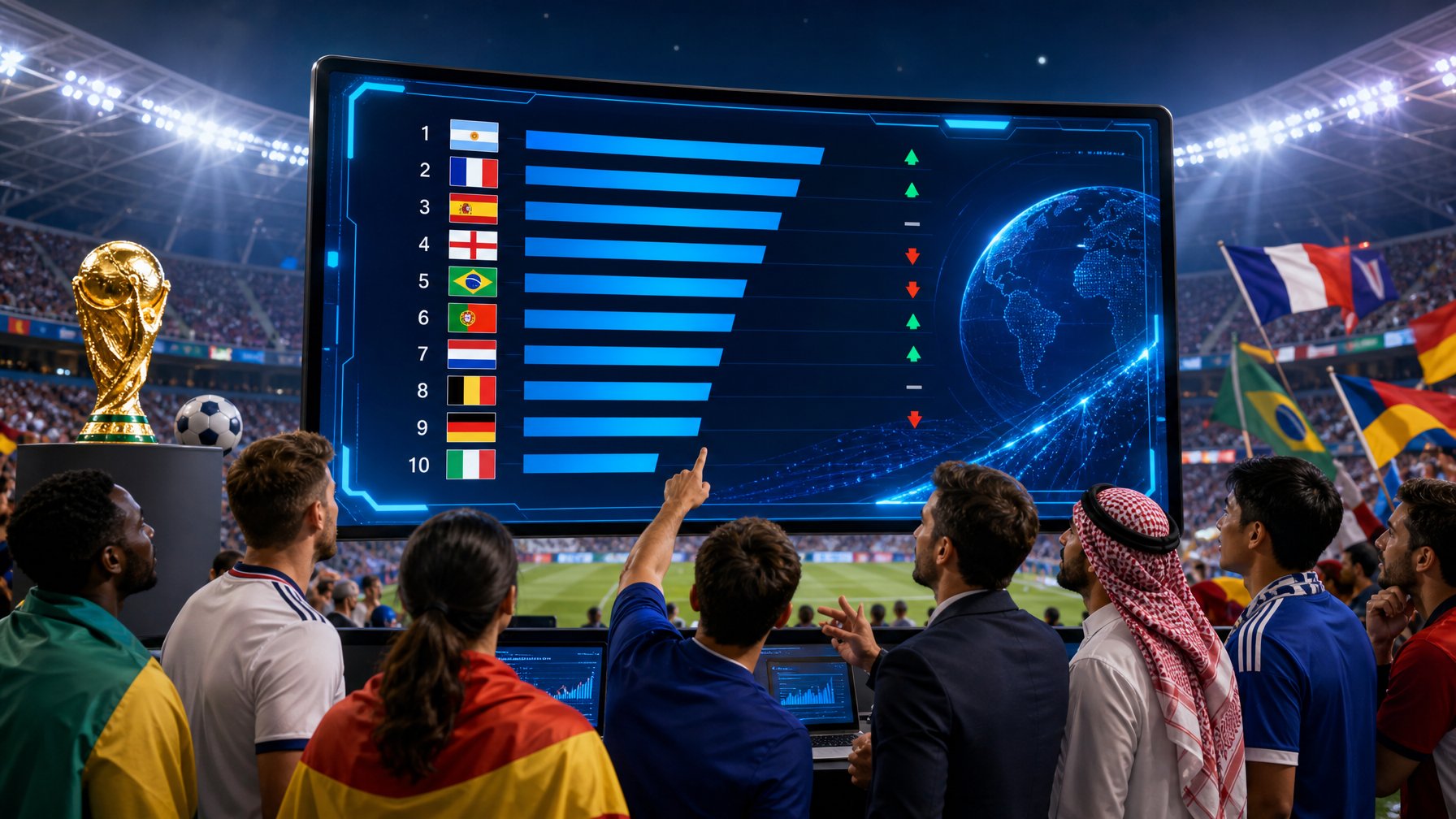 Sekelompok orang mengamati papan peringkat digital dengan bendera tim nasional sepak bola di latar stadion penuh penonton.