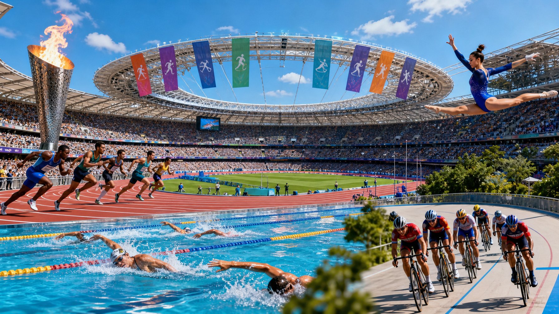 Suasana stadion Olimpiade musim panas dengan atlet yang sedang bertanding dan penonton yang antusias.