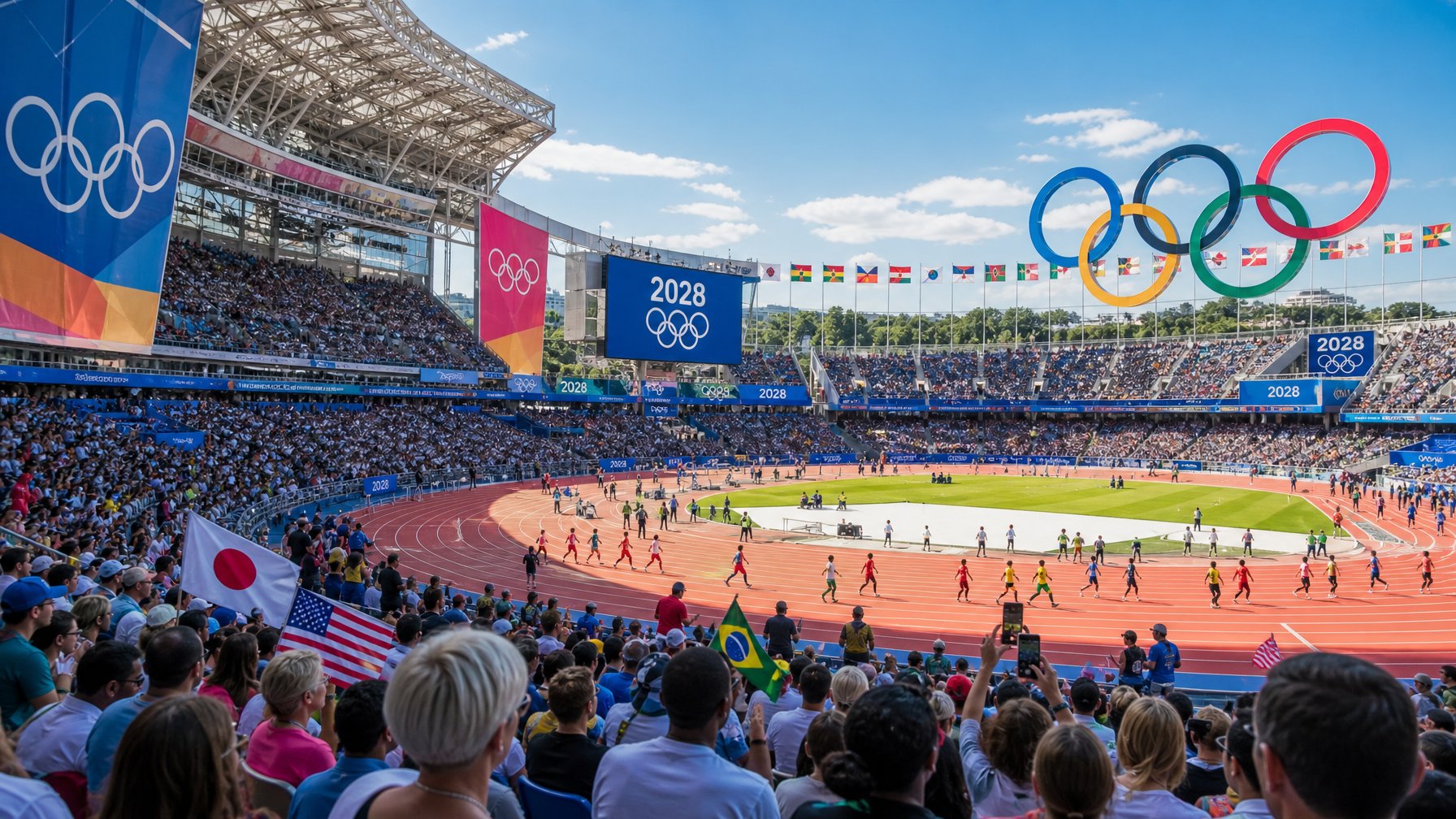 Kerumunan penonton di stadion Olimpiade yang besar dengan atlet yang sedang pemanasan dan bendera berbagai negara berkibar.