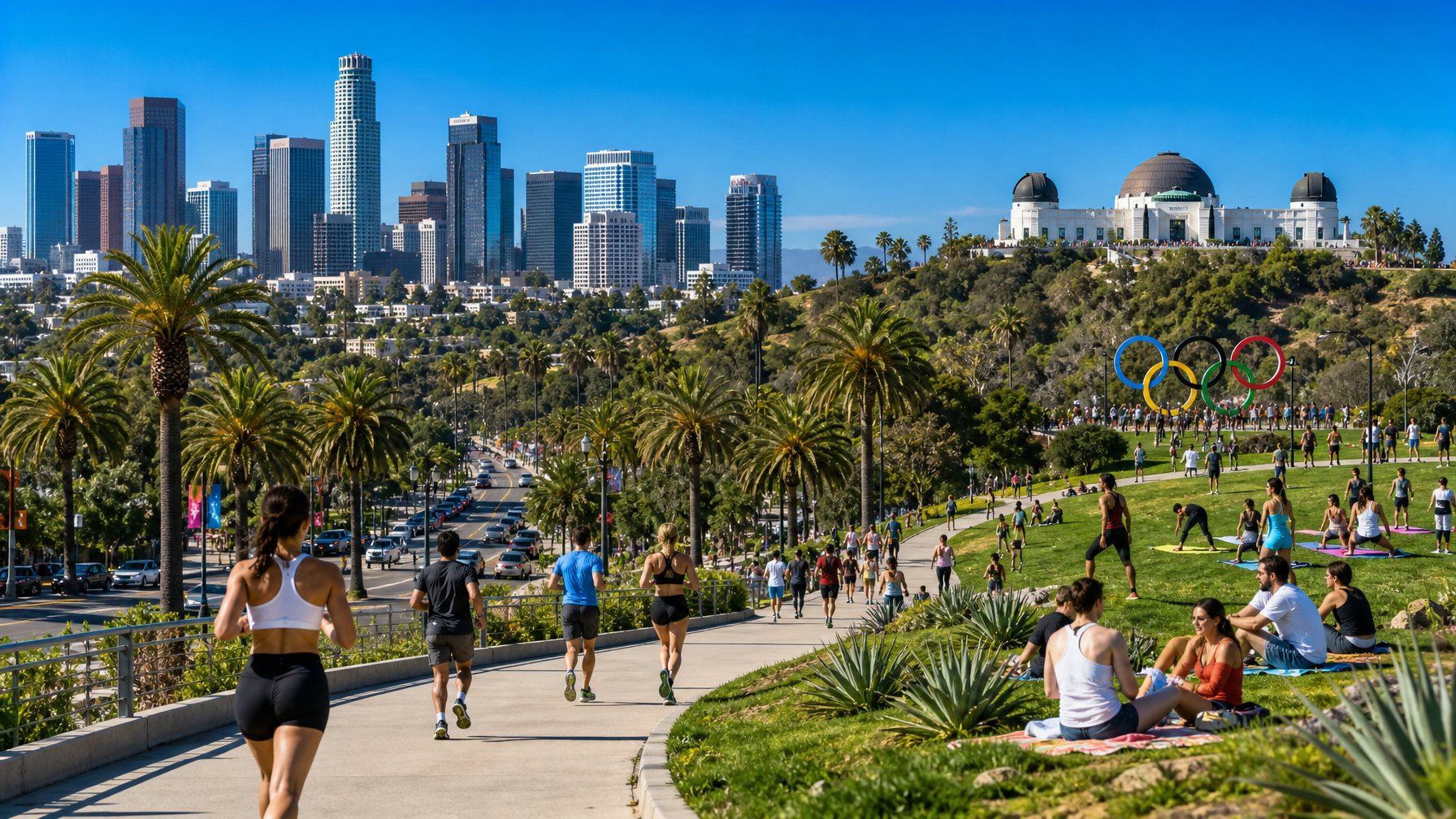 Pemandangan kota Los Angeles dengan gedung pencakar langit, observatorium, pepohonan palem, dan orang-orang yang beraktivitas di luar ruangan pada hari cerah.