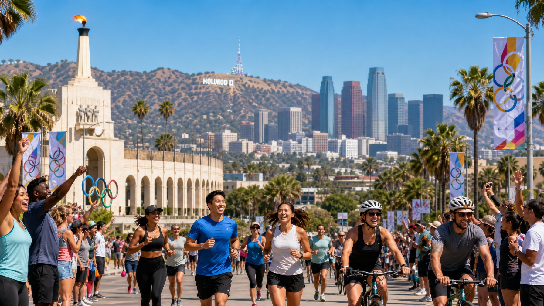 Pemandangan kota Los Angeles dengan landmark terkenal dan orang-orang beraktivitas di luar ruangan, menggambarkan semangat Olimpiade Musim Panas 2028.