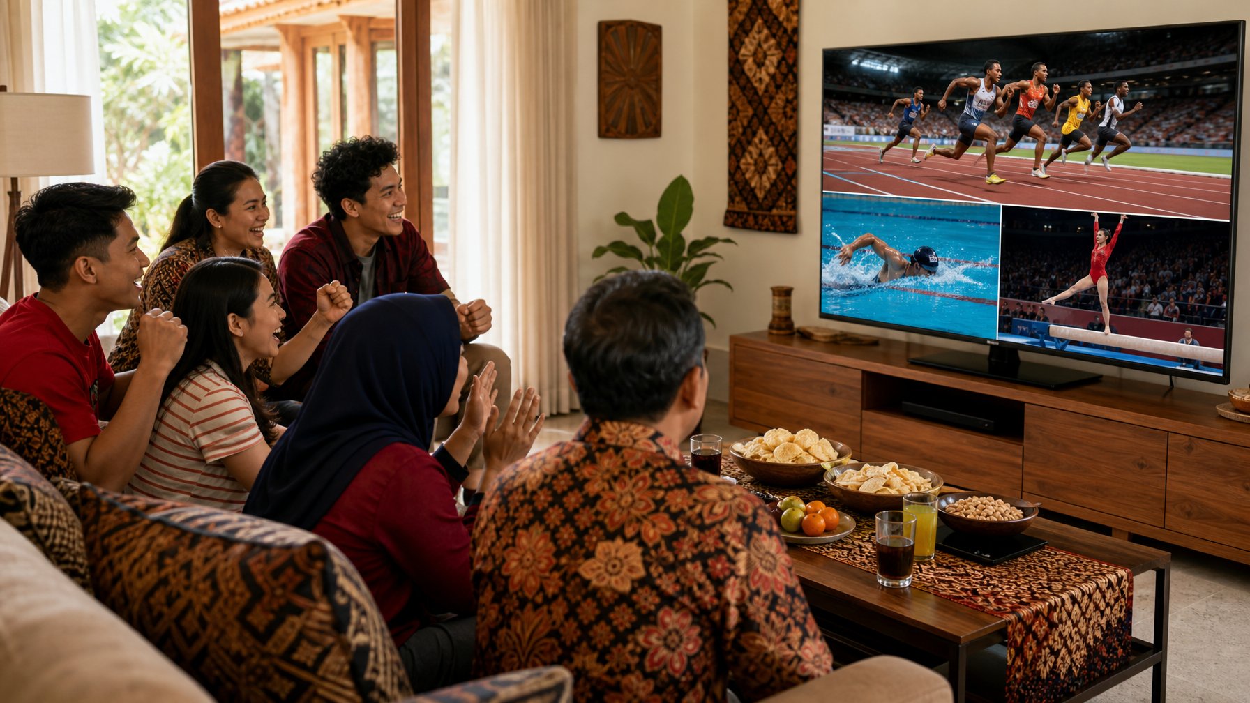 Sekelompok orang Indonesia menonton siaran langsung Olimpiade Musim Panas 2028 di ruang tamu yang nyaman.