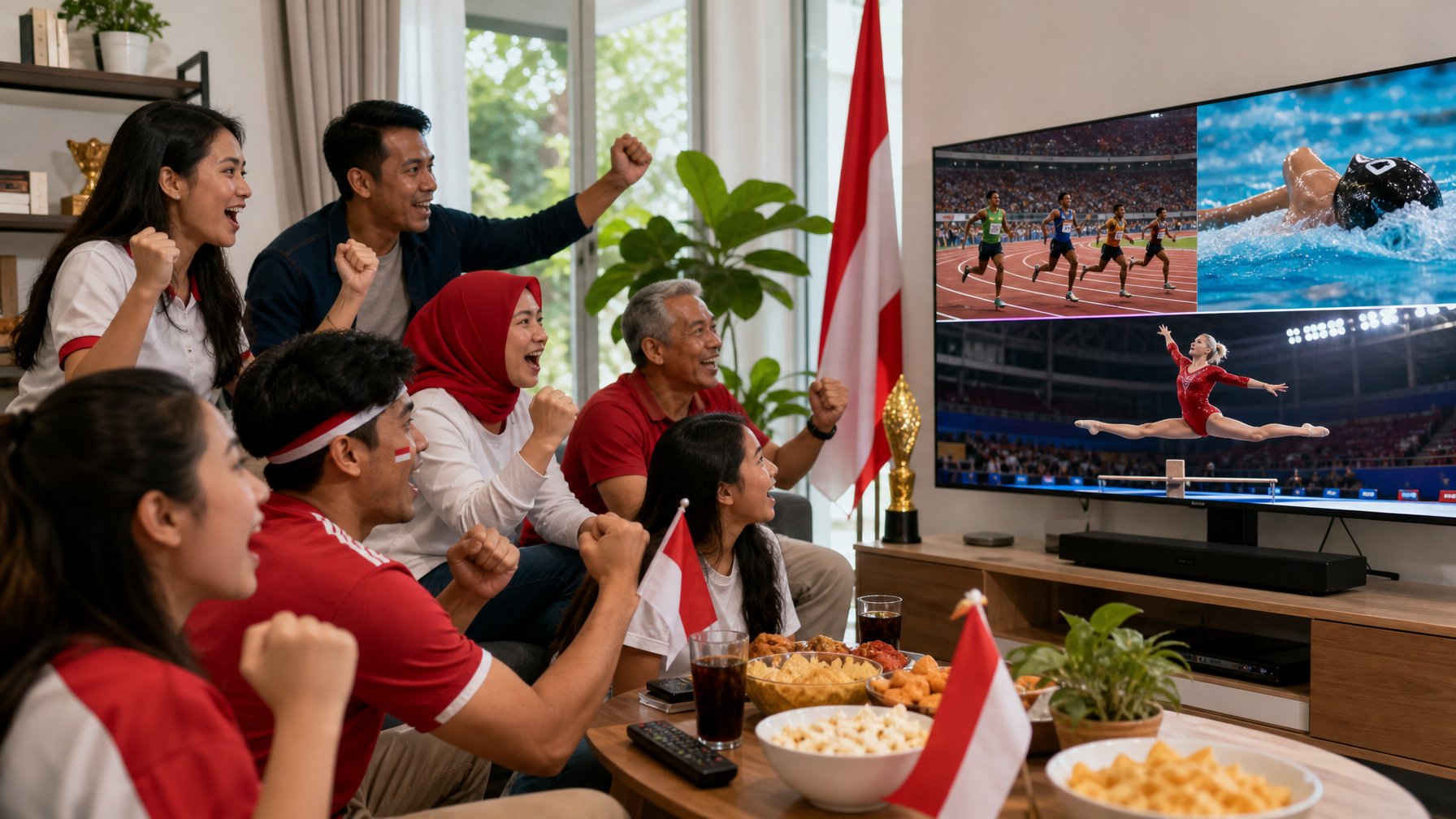 Sekelompok orang menonton siaran langsung Olimpiade Musim Panas 2028 di ruang tamu yang nyaman.