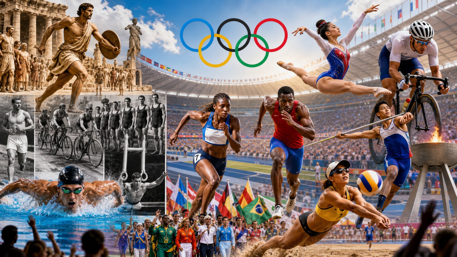 Kolase gambar yang menampilkan atlet Olimpiade dari zaman kuno hingga modern, dengan latar stadion Olimpiade dan cincin Olimpiade.