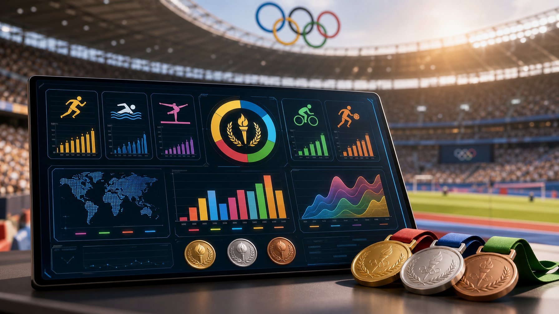 Layar digital menampilkan grafik berwarna-warni tentang cabang olahraga Olimpiade dengan latar stadion penuh penonton.