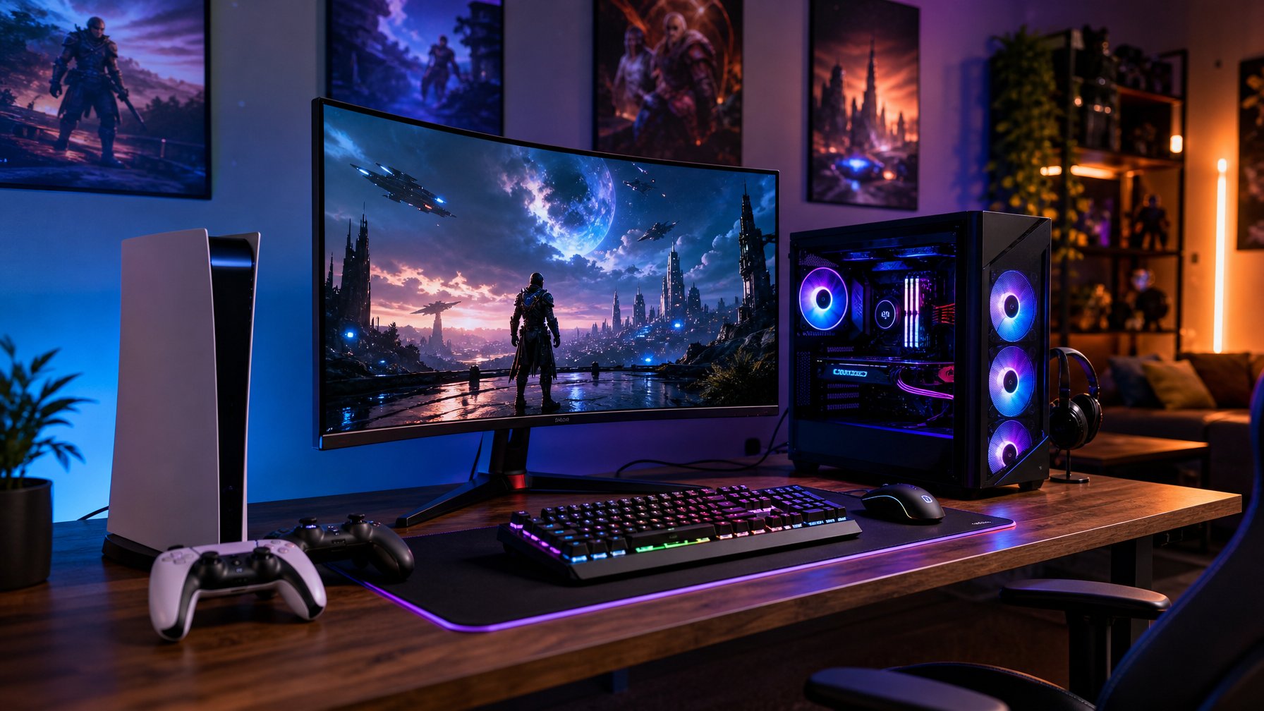 Setup gaming modern dengan PC dan konsol di meja kayu, layar besar menampilkan permainan futuristik, dan suasana ruangan yang nyaman dengan pencahayaan warna-warni.
