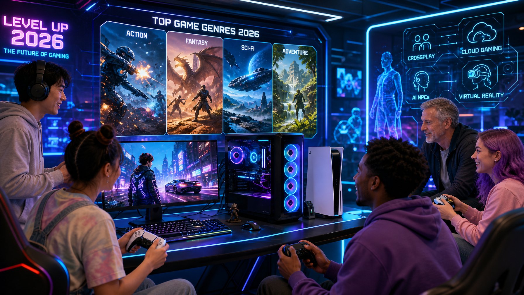 Sejumlah orang bermain game di depan PC dan konsol modern dengan layar menampilkan berbagai genre game populer.