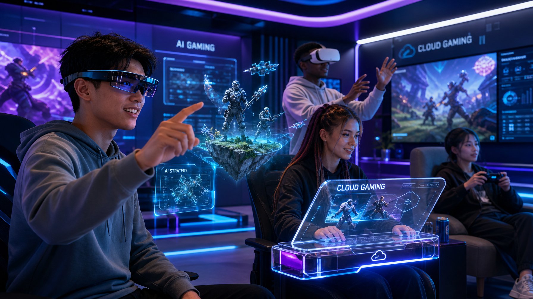 Sekelompok orang muda menggunakan teknologi gaming futuristik dengan kacamata AR dan konsol cloud gaming di ruangan modern yang dipenuhi layar besar dan cahaya neon.