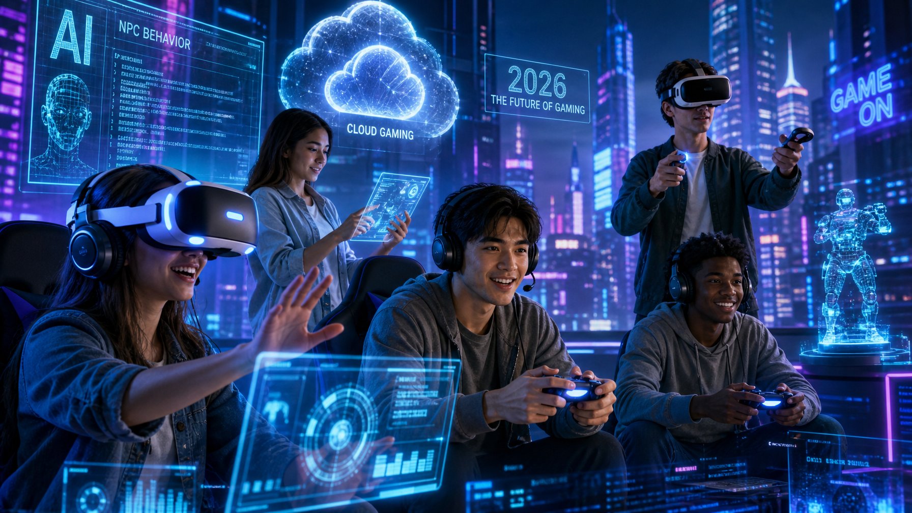 Sekelompok orang muda sedang bermain game dengan peralatan modern dan latar belakang teknologi futuristik.