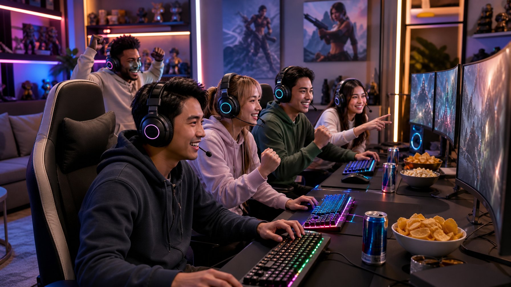 Sekelompok orang muda bermain game online bersama di ruang tamu dengan peralatan gaming lengkap dan suasana ceria.