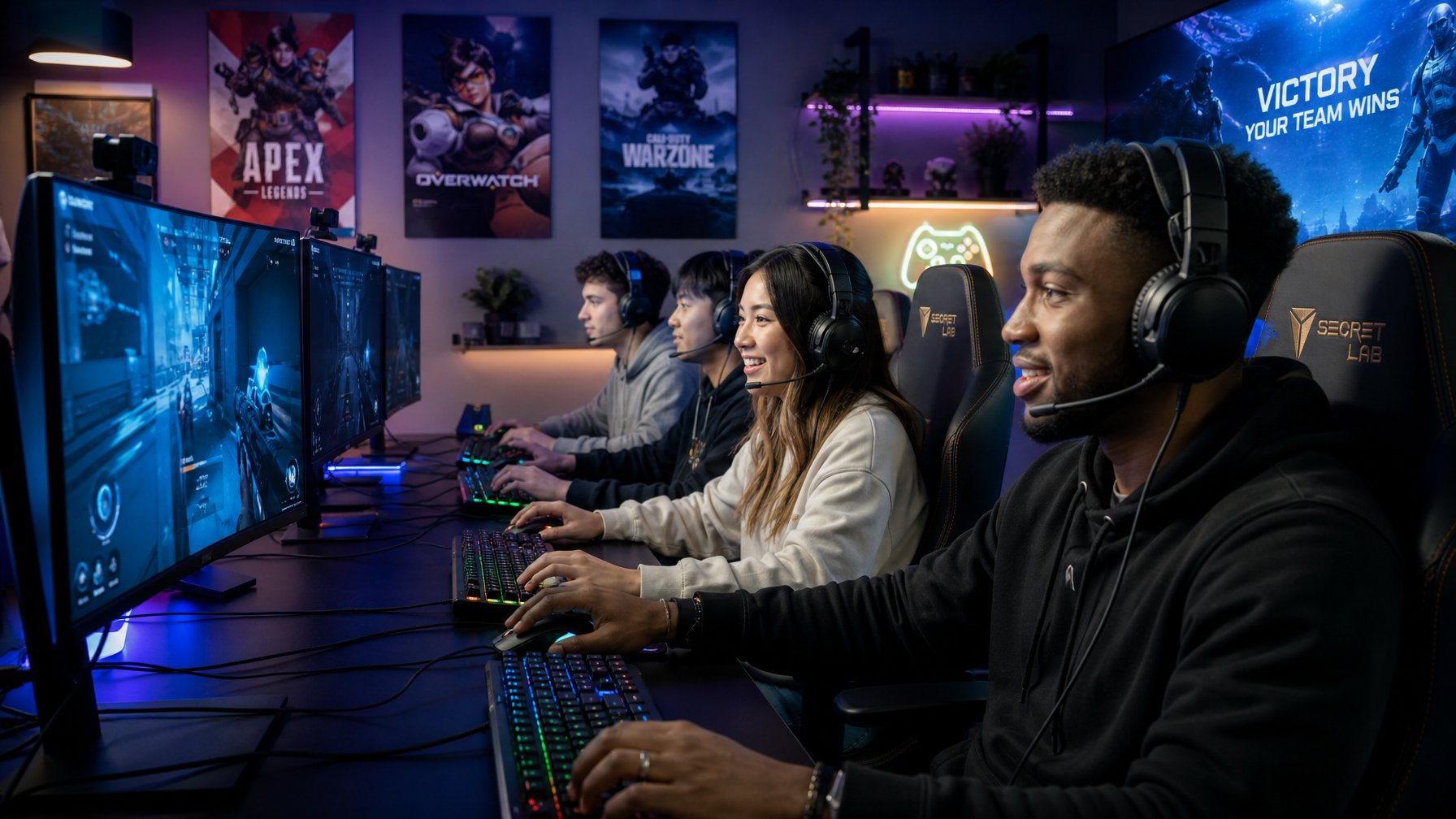 Sekelompok orang muda sedang bermain game multiplayer online bersama di ruangan dengan komputer dan perlengkapan gaming.