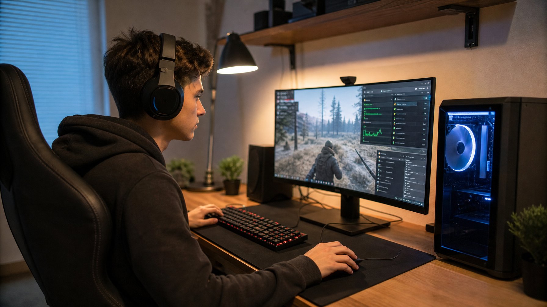 Seorang gamer muda fokus bermain game di depan komputer dengan pengaturan game dan indikator FPS di layar.