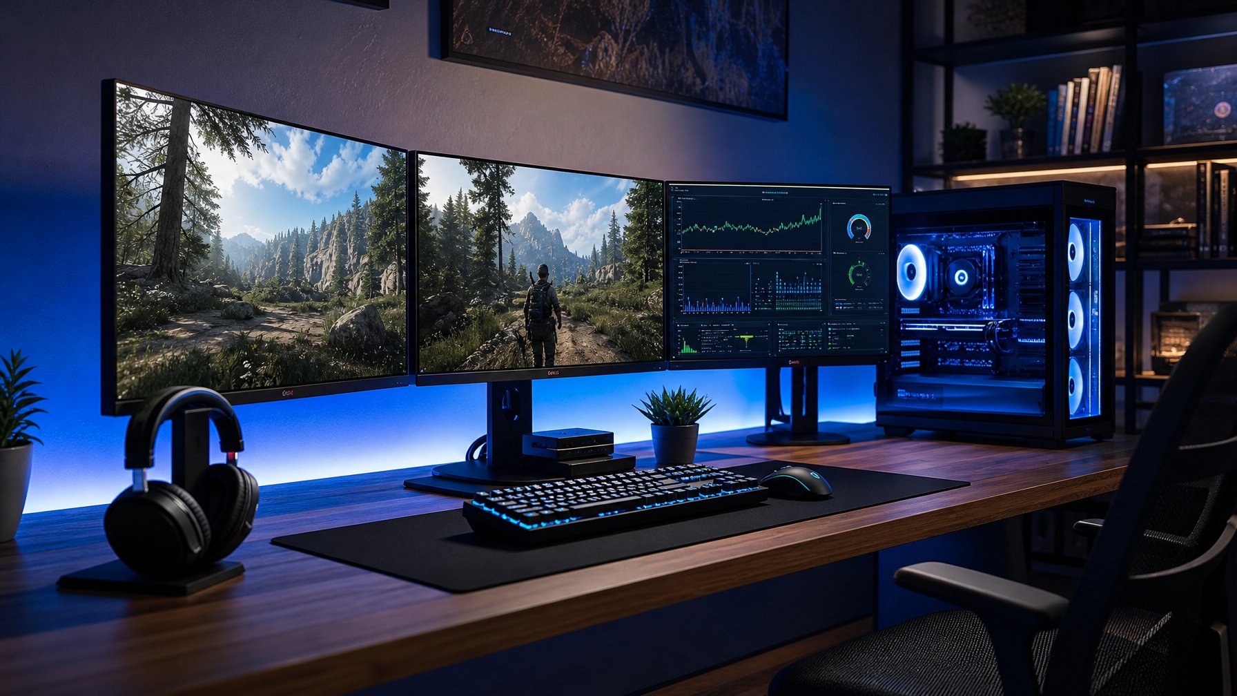 Sebuah ruang kerja modern dengan komputer desktop dan beberapa monitor yang menampilkan grafik game dan perangkat lunak pemantau kinerja.