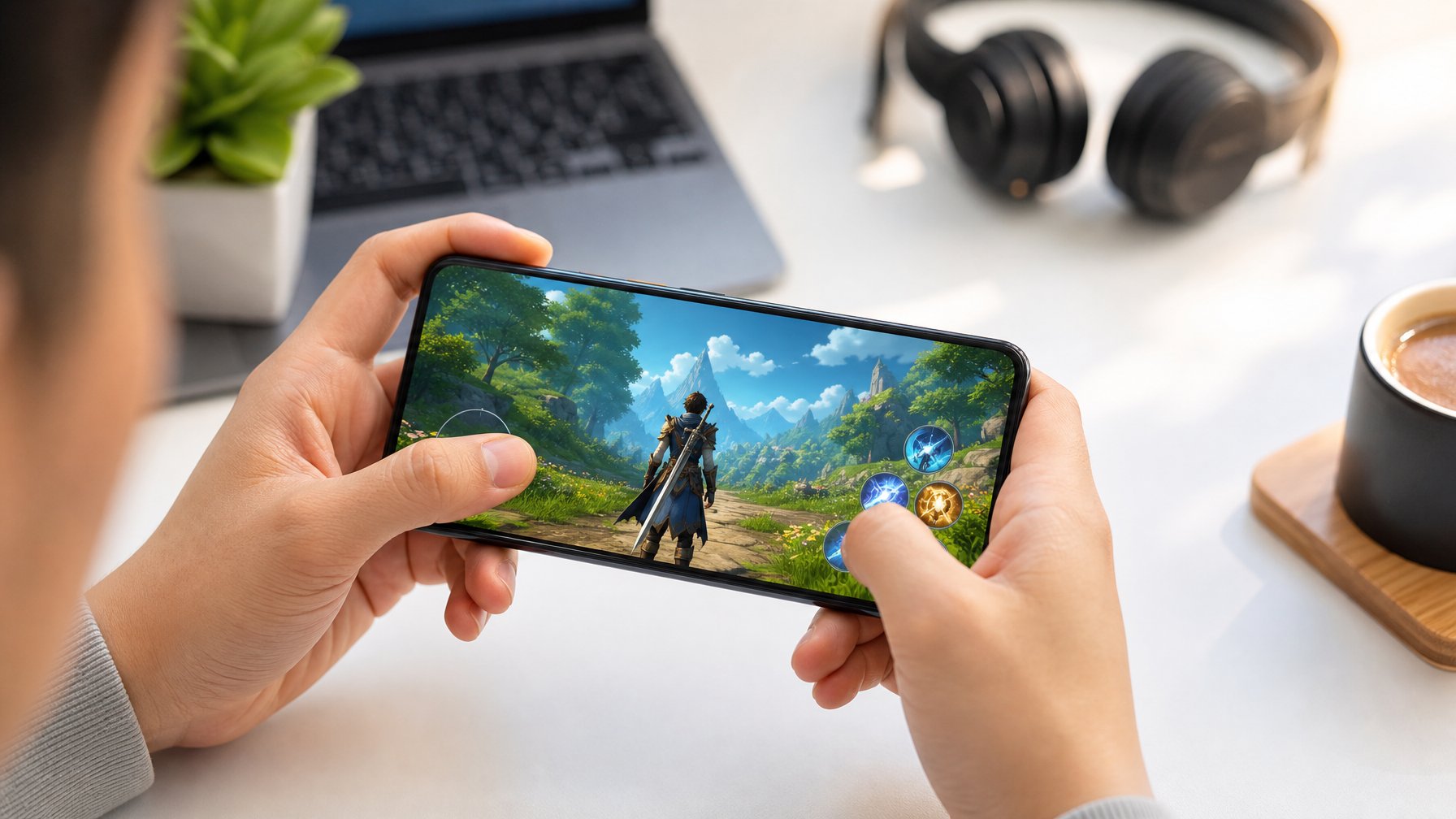 Seseorang memegang ponsel dengan tampilan permainan Android yang cerah di layar, di atas meja kerja dengan laptop dan cangkir kopi.