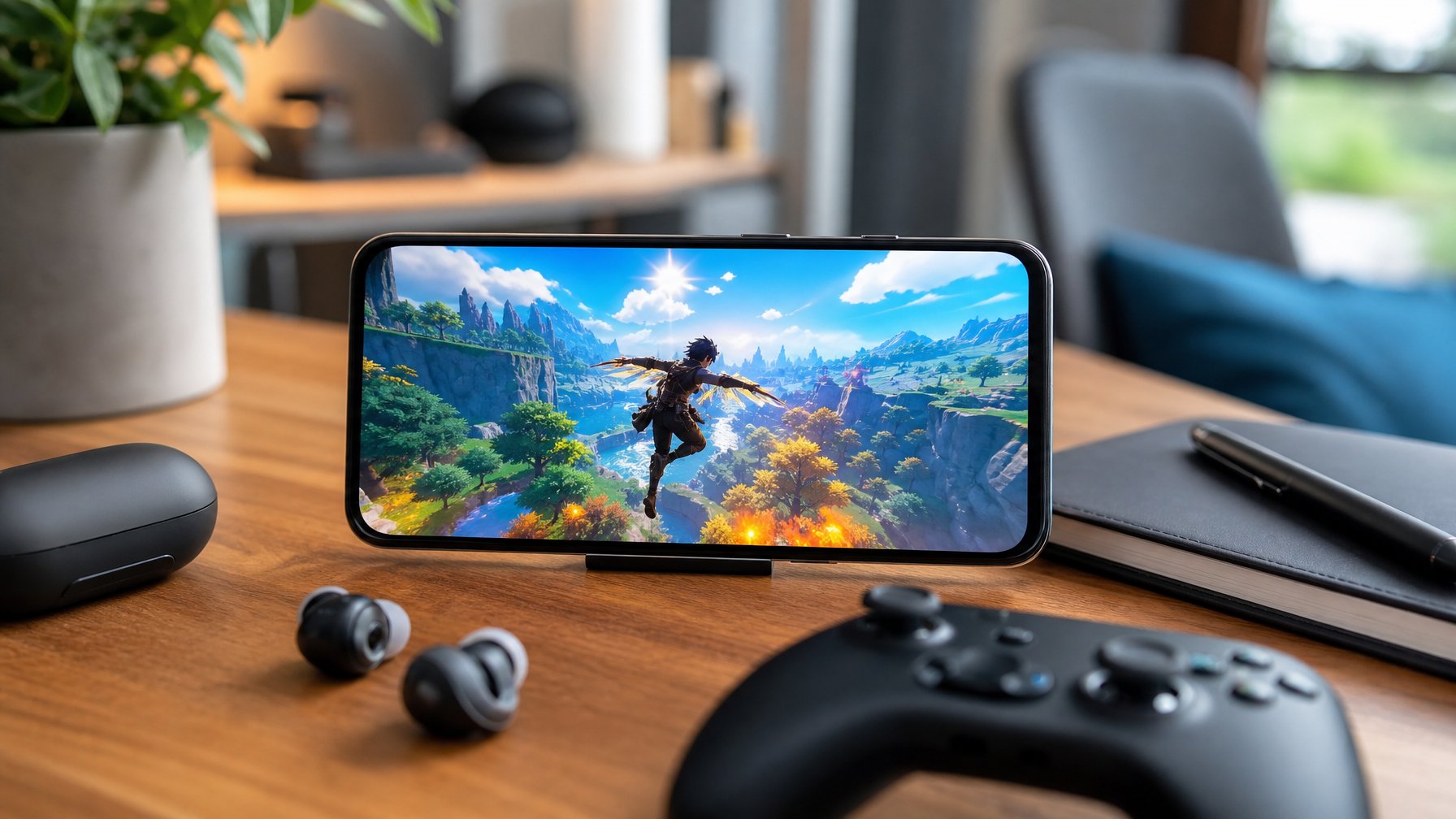 Meja kerja dengan ponsel menampilkan permainan berwarna-warni dan aksesori game di sekitarnya.