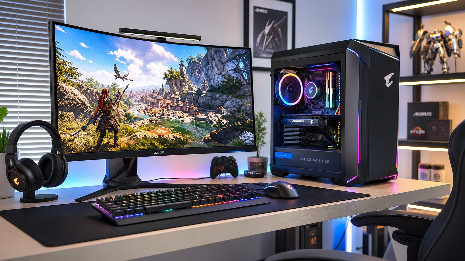 Sebuah setup PC gaming modern dengan komputer, monitor melengkung, keyboard mekanik, dan mouse di meja dalam ruangan gaming yang rapi.