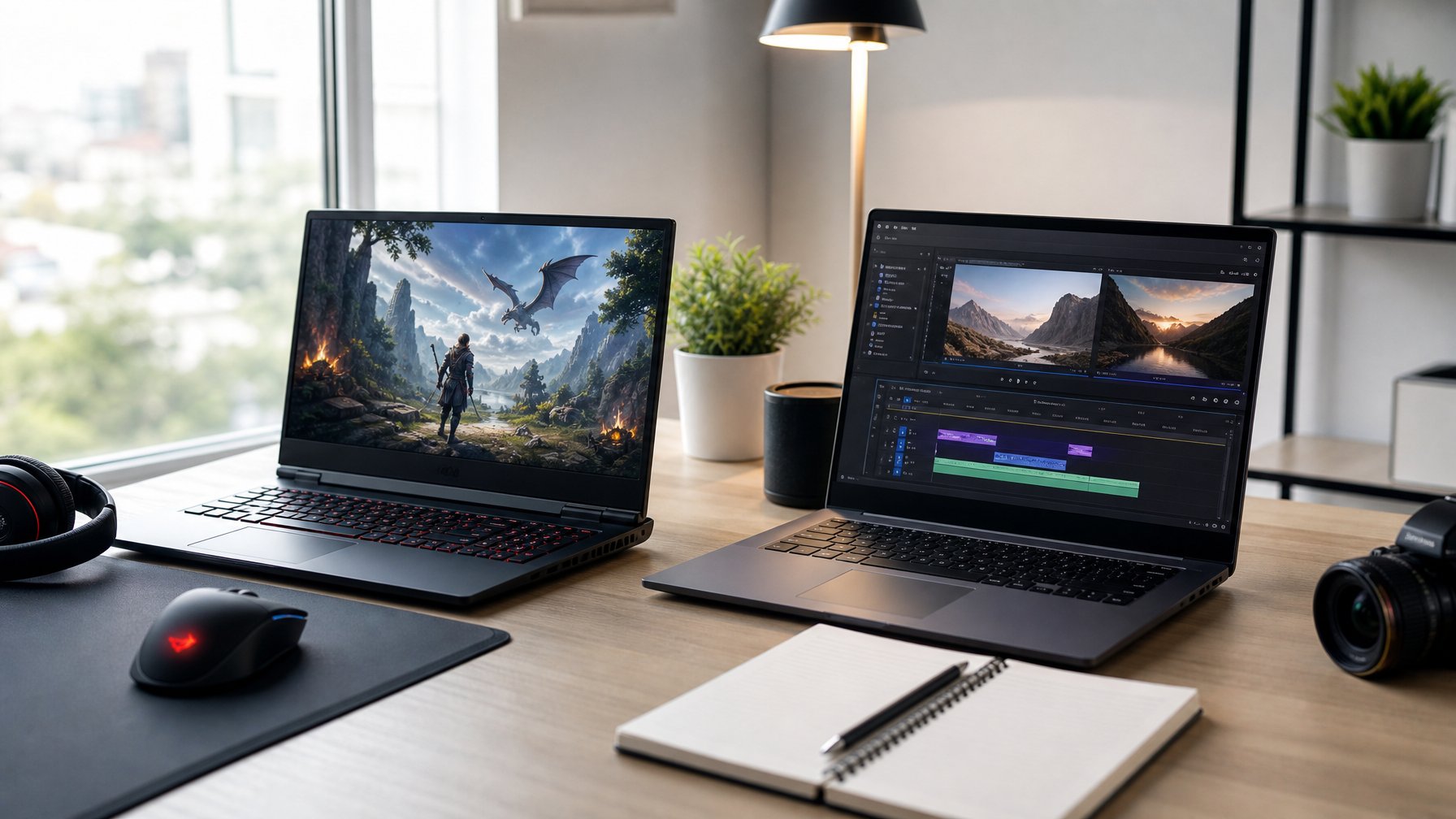 Dua laptop gaming terbuka di atas meja kerja dengan aksesori teknologi di sekitarnya, menunjukkan suasana kerja pelajar dan pembuat konten.