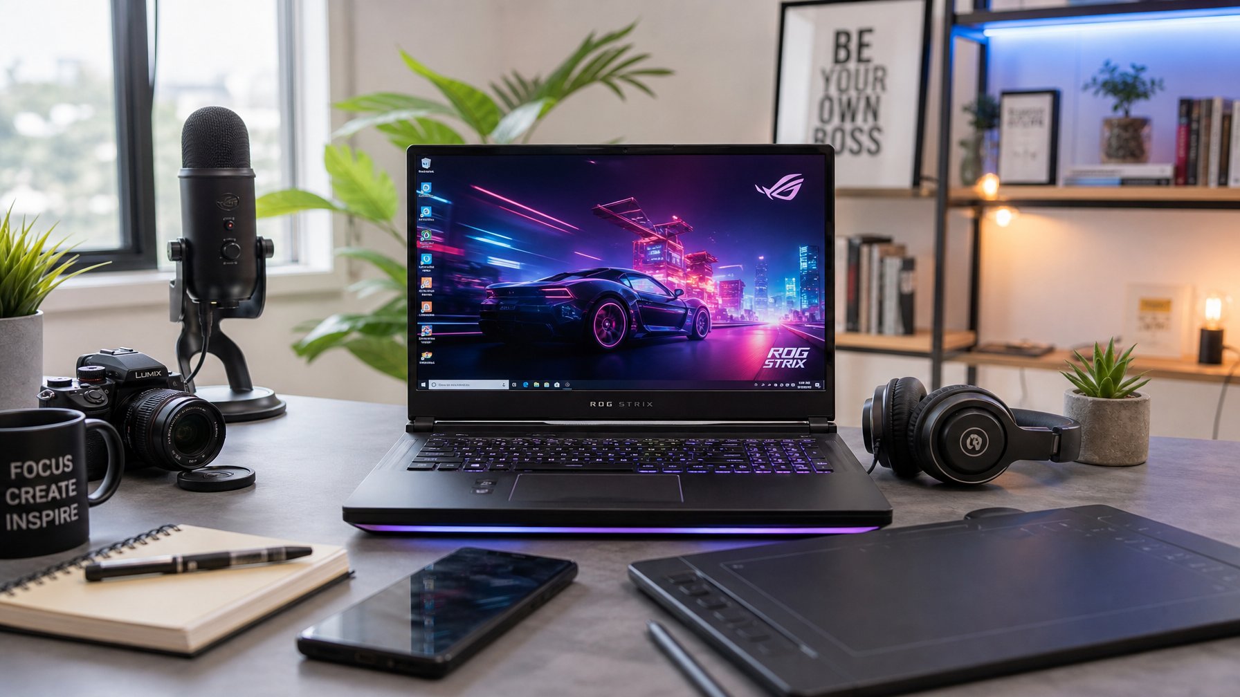Seorang pelajar atau content creator menggunakan laptop gaming di meja kerja yang rapi dengan alat kreatif di sekitarnya.