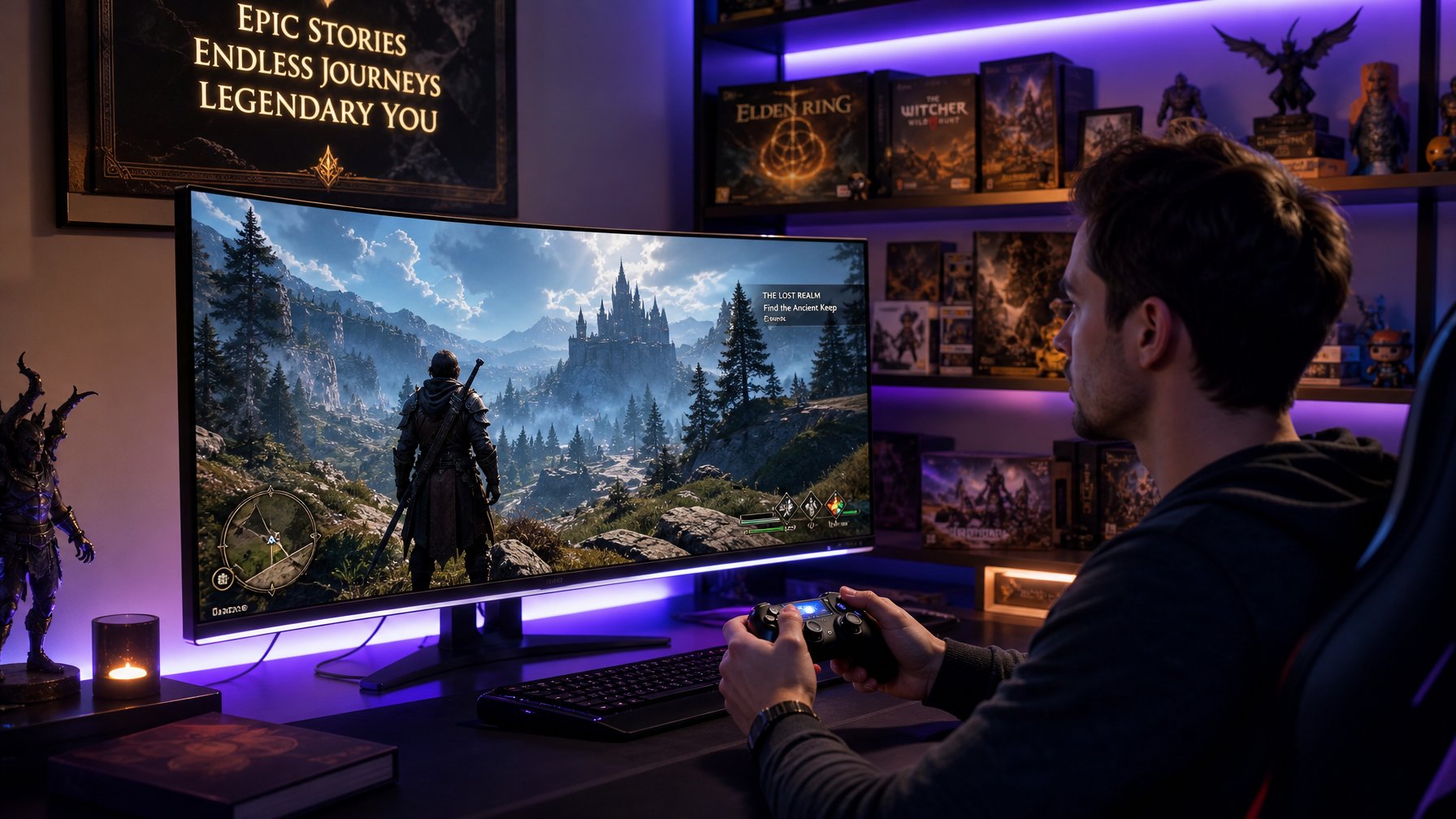 Seorang gamer muda sedang bermain game RPG di depan monitor besar dengan pencahayaan ambient dan latar belakang berisi koleksi game dan figur fantasi.