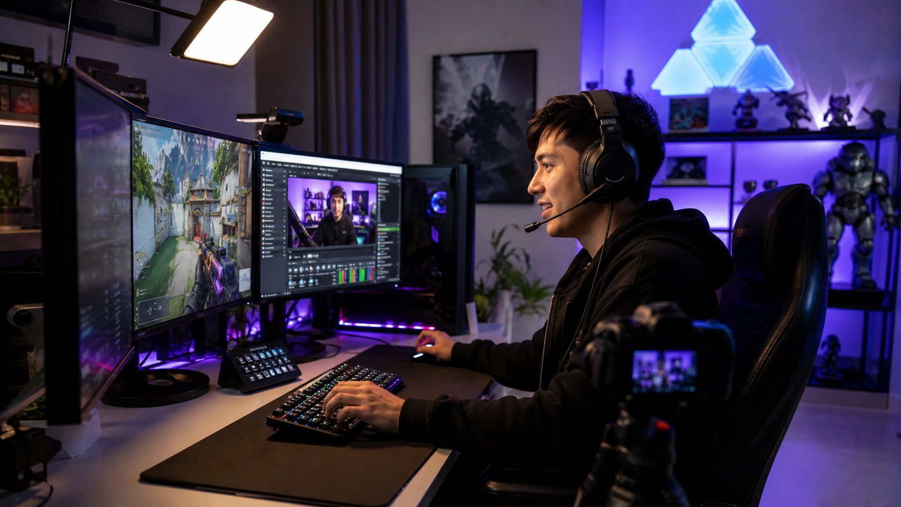 Seorang dewasa muda sedang duduk di depan meja gaming dengan beberapa layar dan headset, terlihat fokus dan bersemangat dalam suasana ruangan modern.