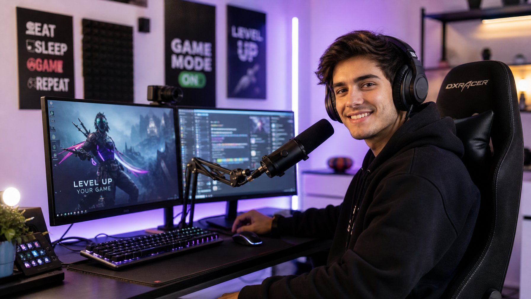 Seorang dewasa muda duduk di depan meja gaming dengan dua monitor, mikrofon, dan peralatan gaming, terlihat fokus dan serius dalam ruangan dengan dekorasi bertema gaming.