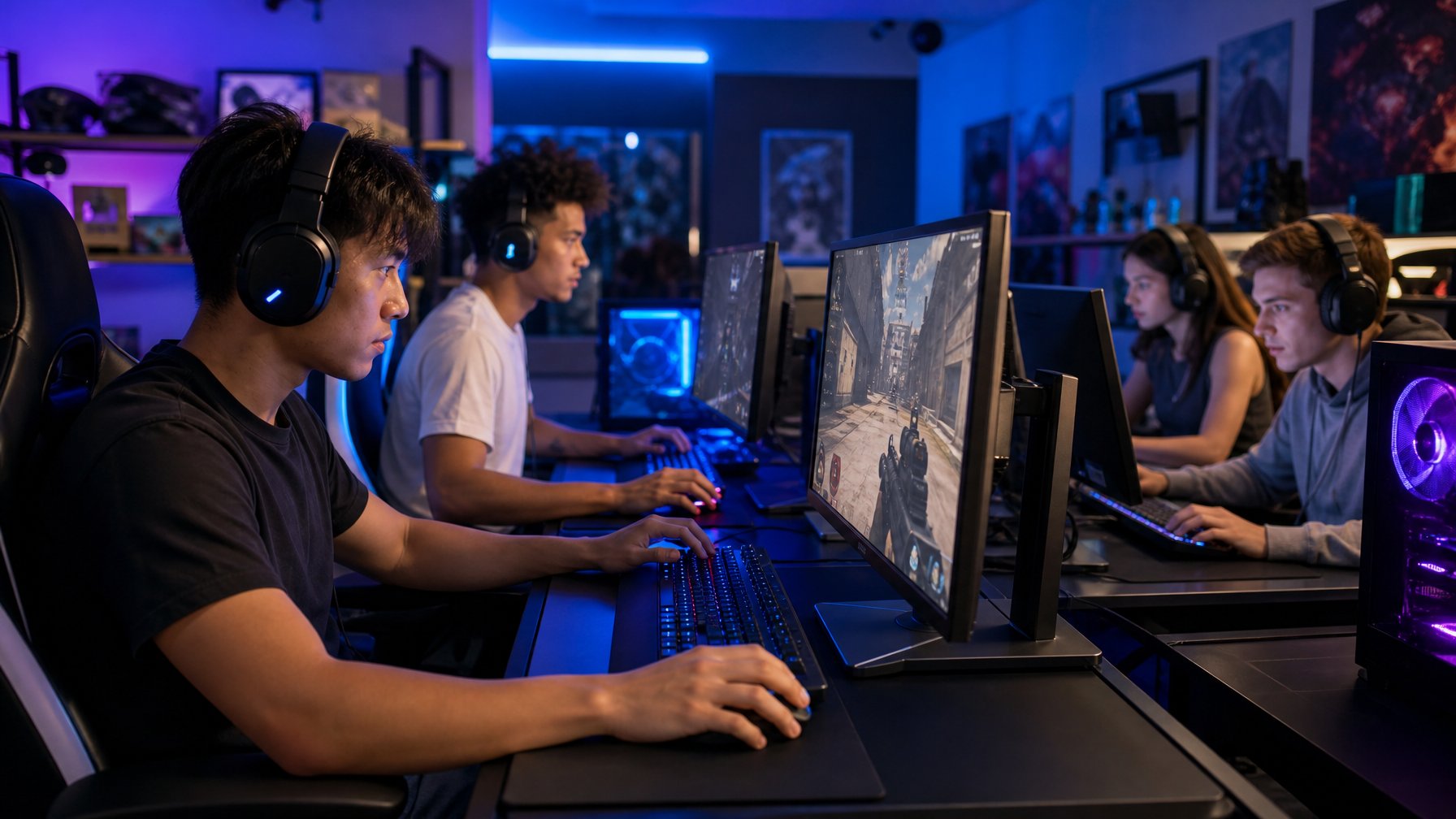 Sekelompok orang muda sedang bermain game FPS di komputer dengan berbagai spesifikasi di sebuah ruangan gaming modern.
