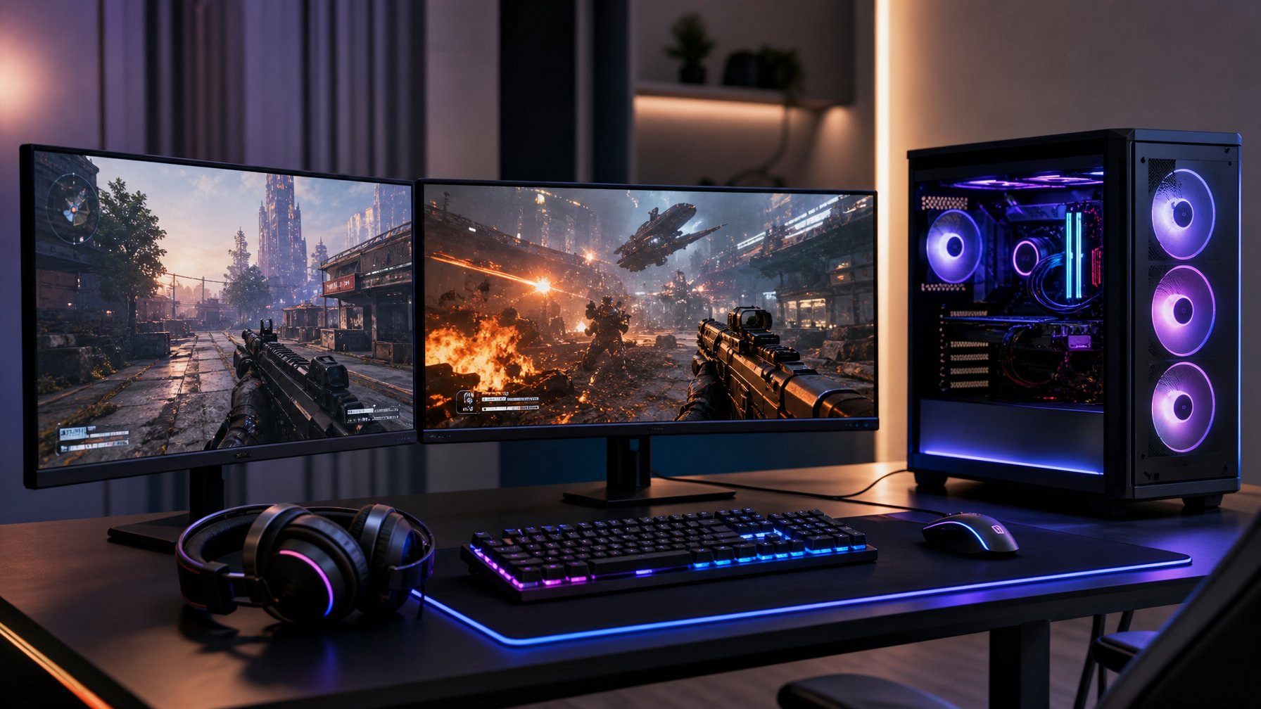 Setup komputer gaming dengan dua monitor menampilkan permainan FPS online, keyboard mekanik, mouse gaming, dan headset di meja dengan pencahayaan RGB.