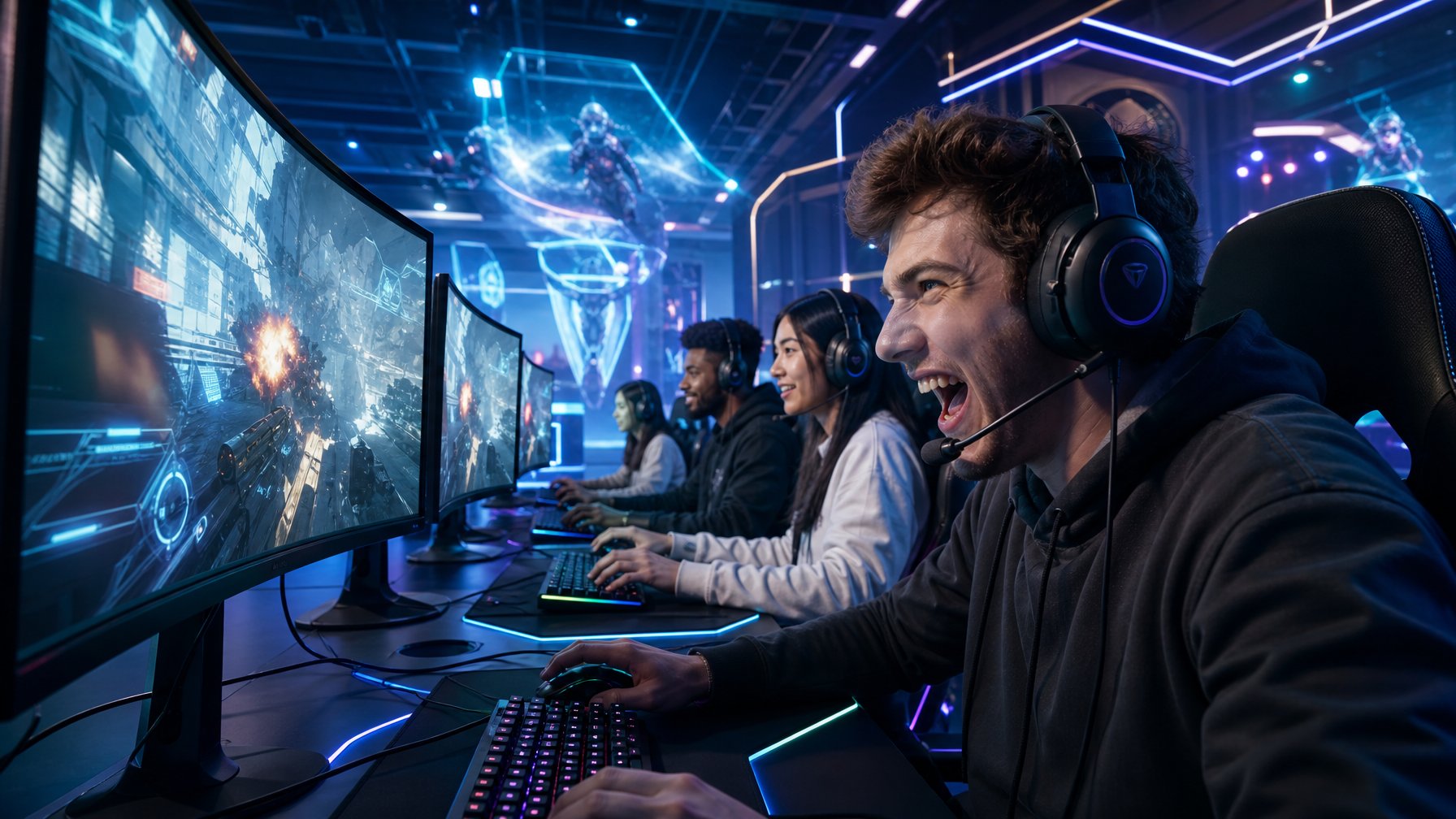 Sekelompok gamer sedang bermain game tembak-menembak futuristik dengan peralatan gaming canggih di sebuah arena modern yang dipenuhi lampu neon dan layar holografik.