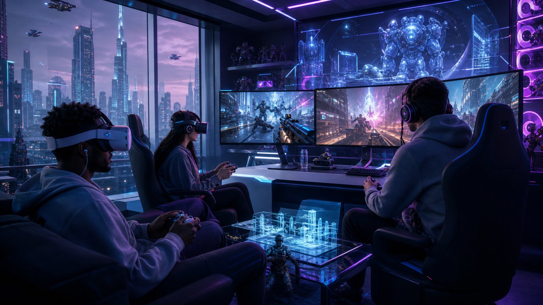 Beberapa gamer sedang bermain game FPS terbaru tahun 2026 di ruangan gaming modern dengan teknologi canggih dan pencahayaan neon.