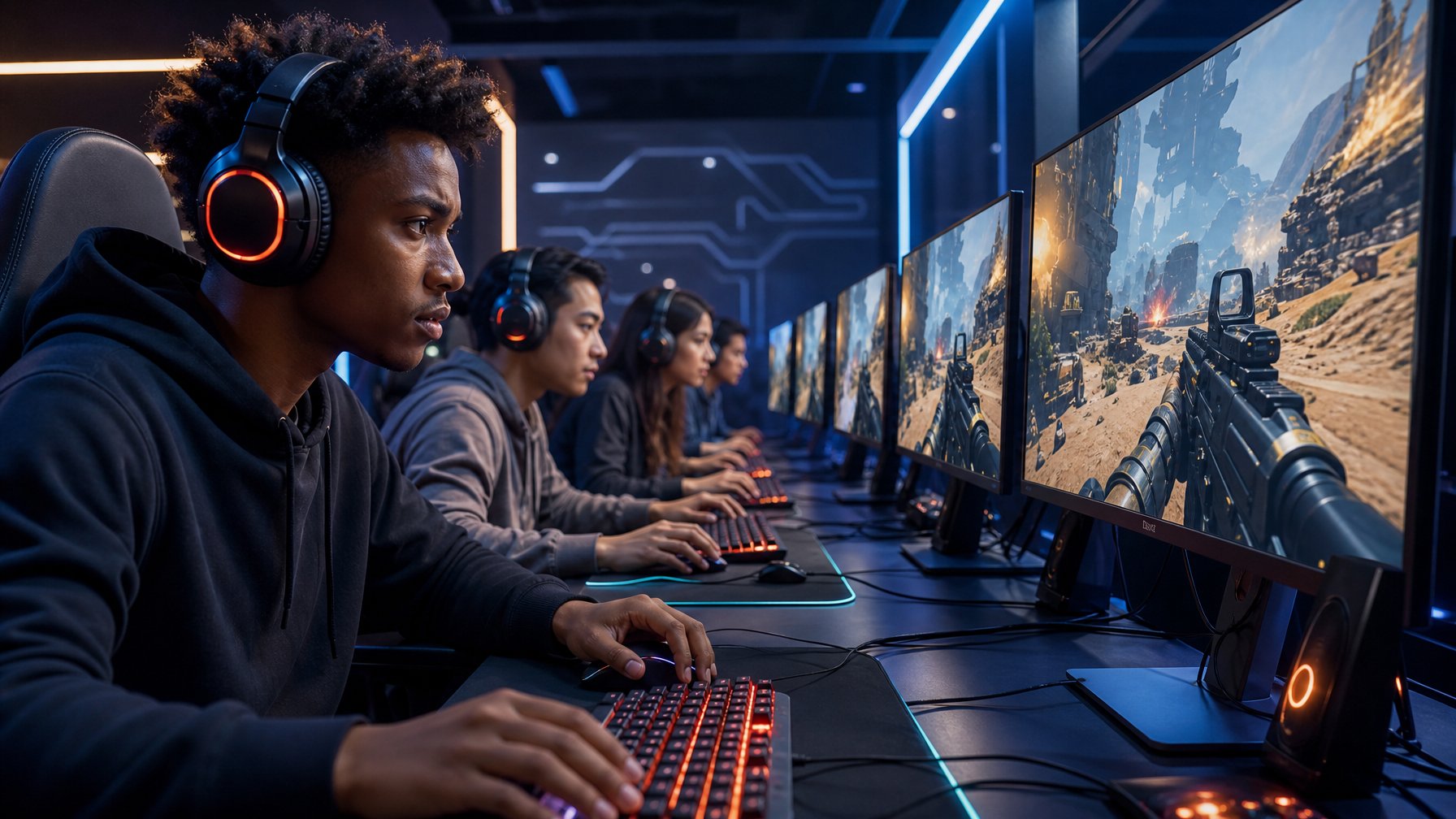 Sekelompok pemain muda sedang bermain game FPS kompetitif di ruang game modern dengan komputer dan monitor besar.