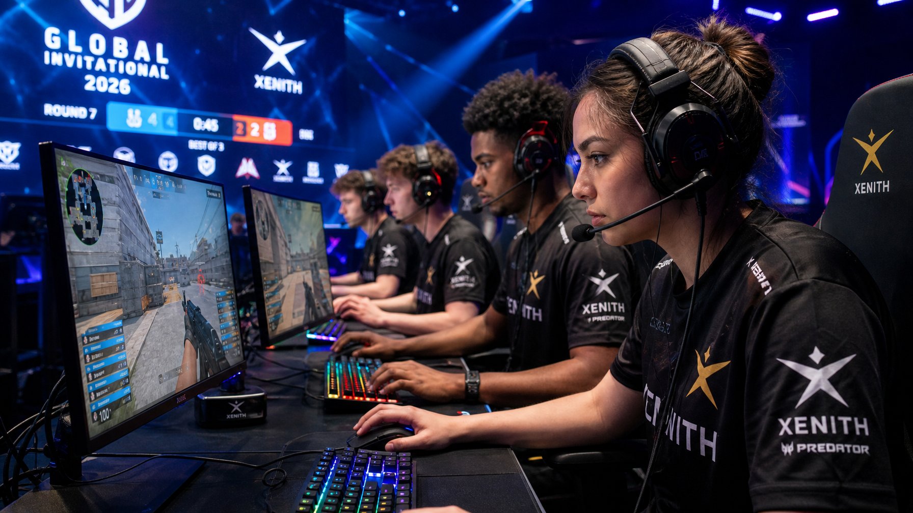 Sekelompok pemain muda fokus bermain game tembak-menembak kompetitif di ruang game modern dengan monitor besar dan peralatan gaming.